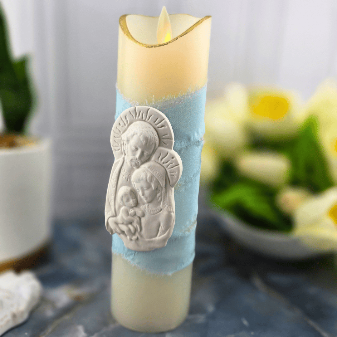 light blue holy family, flameless candle, Sister Dulce Gift Shop, Shepherds Staff, Religious Store, Cypress Springs Mercedarian Prayer Center, Catholic, sacred treasures, new item