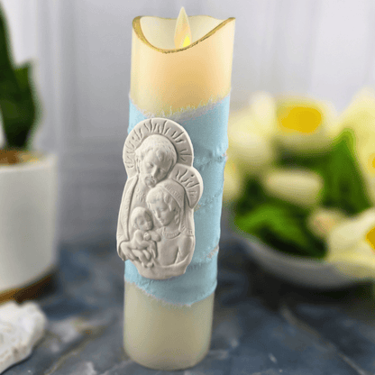 light blue holy family, flameless candle, Sister Dulce Gift Shop, Shepherds Staff, Religious Store, Cypress Springs Mercedarian Prayer Center, Catholic, sacred treasures, new item