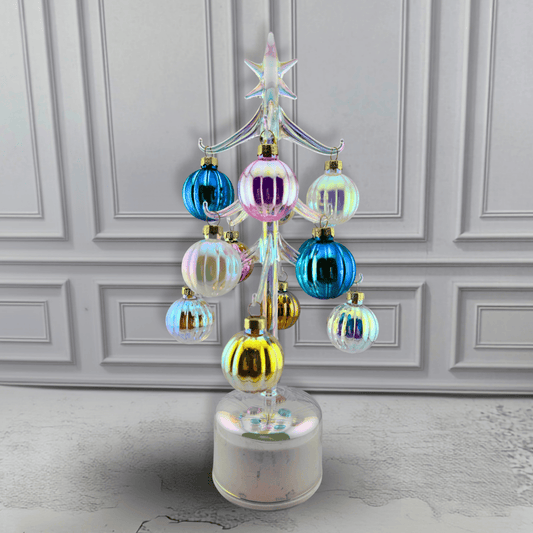 An iridescent glass Christmas tree ornament set with a star topper and multiple hanging baubles in blue, pink, gold, and iridescent finishes, Sister Dulce Gift Shop, Shepherds Staff, Religious Store, Cypress Springs Mercedarian Prayer Center, Catholic, new item, christmas