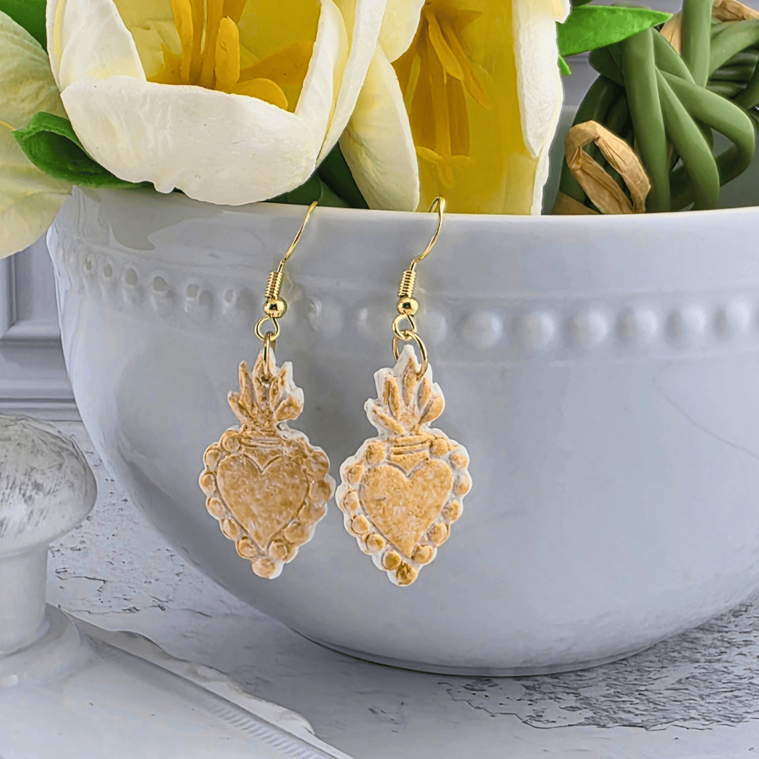 sacred heart handmade clay earrings, Sister Dulce Gift Shop, Shepherds Staff, Religious Store, Cypress Springs Mercedarian Prayer Center, Catholic, new item, popular item, gift for her
