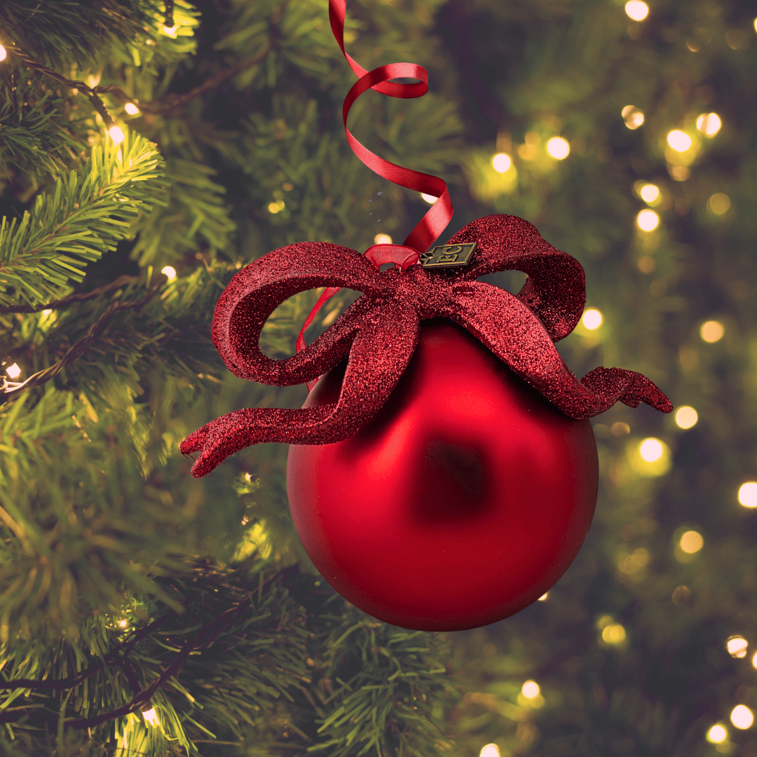 red ribbon ball ornament, Sister Dulce Gift Shop, Shepherds Staff, Religious Store, Cypress Springs Mercedarian Prayer Center, Catholic, christmas ornament, decor
