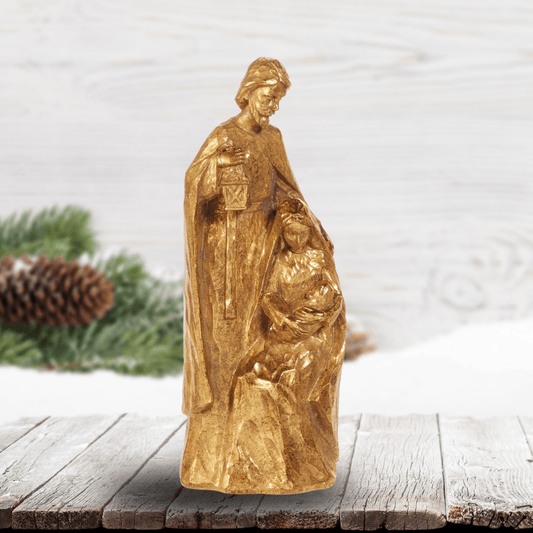 A small gold-toned nativity featuring mary, jospeh and baby jesus, Sister Dulce Gift Shop, Shepherds Staff, Religious Store, Cypress Springs Mercedarian Prayer Center, Catholic, christmas decor, home decor, new item, popular item