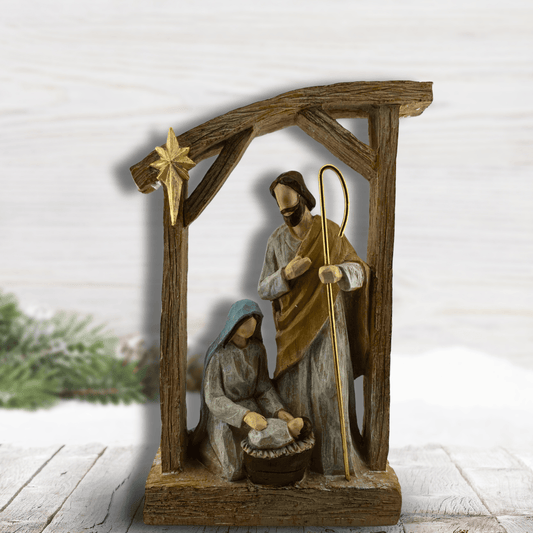 A small nativity scene figurine with a rustic wooden stable, a gold star, Sister Dulce Gift Shop, Shepherds Staff, Religious Store, Cypress Springs Mercedarian Prayer Center, Catholic, christmas decor, mary, jospeh, baby jesus, home decor, new item, popular item