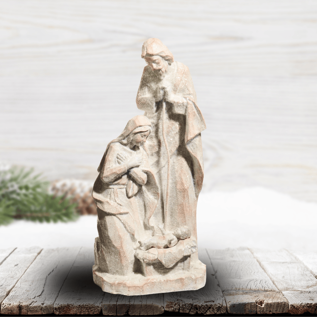 A sparkly beige stone-look nativity figurine showing mary and joseph around baby jesus in a manger, Sister Dulce Gift Shop, Shepherds Staff, Religious Store, Cypress Springs Mercedarian Prayer Center, Catholic, christmas decor, home decor, new item, popular item