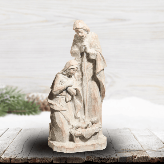 A sparkly beige stone-look nativity figurine showing mary and joseph around baby jesus in a manger, Sister Dulce Gift Shop, Shepherds Staff, Religious Store, Cypress Springs Mercedarian Prayer Center, Catholic, christmas decor, home decor, new item, popular item