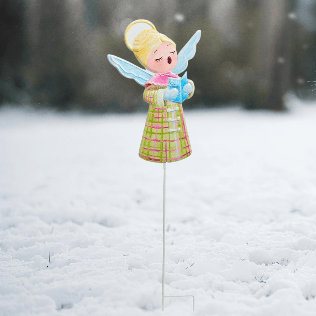 A Christmas choir angel garden stake, pastel blue wings, Sister Dulce Gift Shop, Shepherds Staff, Religious Store, Cypress Springs Mercedarian Prayer Center, Catholic, christmas decor, new item
