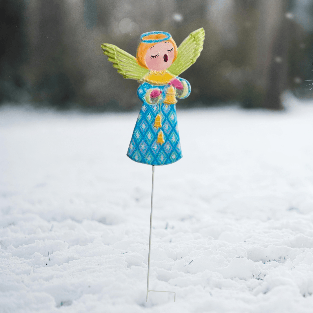 A Christmas choir angel garden stake, pastel green wings, Sister Dulce Gift Shop, Shepherds Staff, Religious Store, Cypress Springs Mercedarian Prayer Center, Catholic, christmas decor, new item