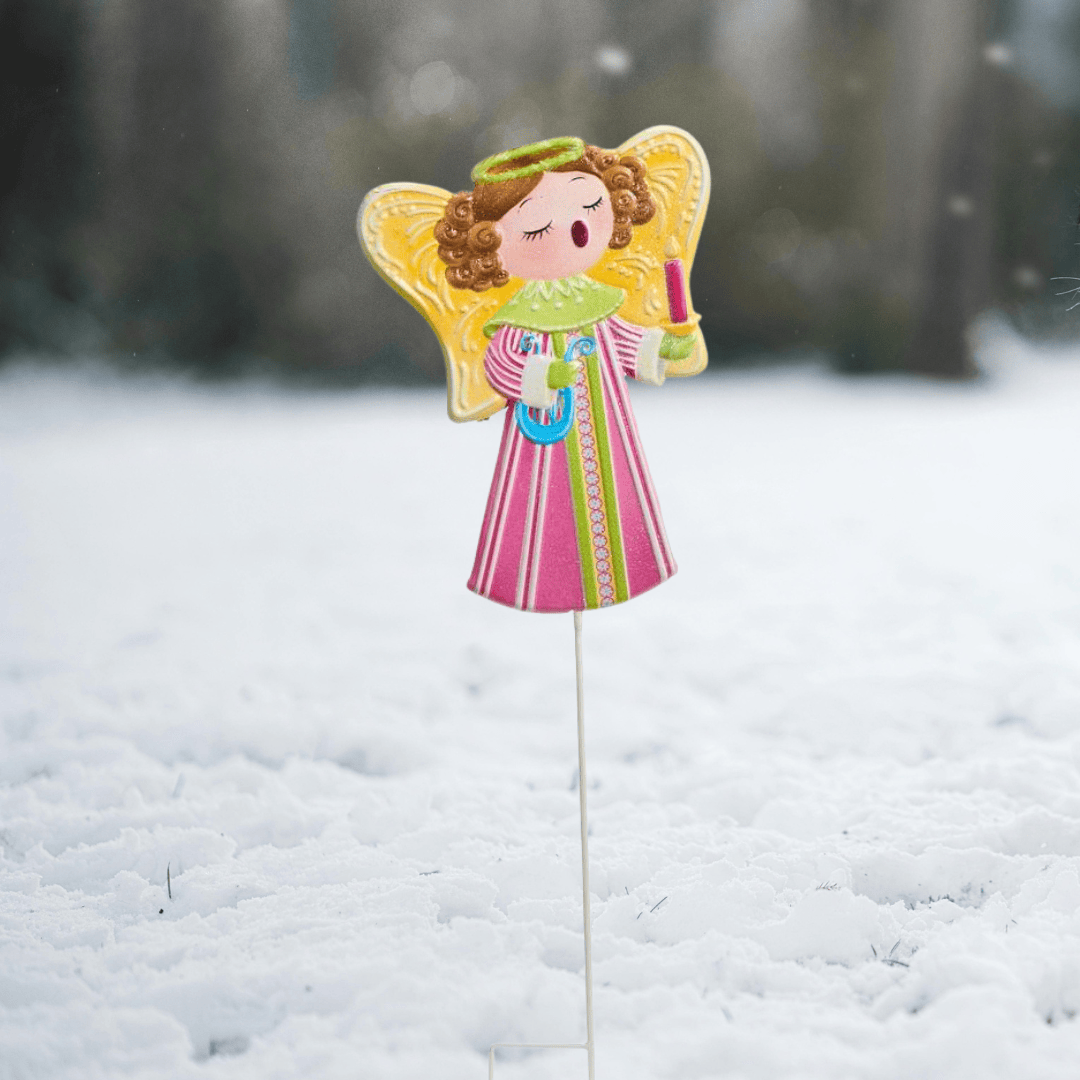 A Christmas choir angel garden stake, pastel yellow wings, Sister Dulce Gift Shop, Shepherds Staff, Religious Store, Cypress Springs Mercedarian Prayer Center, Catholic, christmas decor, new item