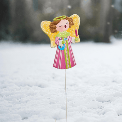 A Christmas choir angel garden stake, pastel yellow wings, Sister Dulce Gift Shop, Shepherds Staff, Religious Store, Cypress Springs Mercedarian Prayer Center, Catholic, christmas decor, new item