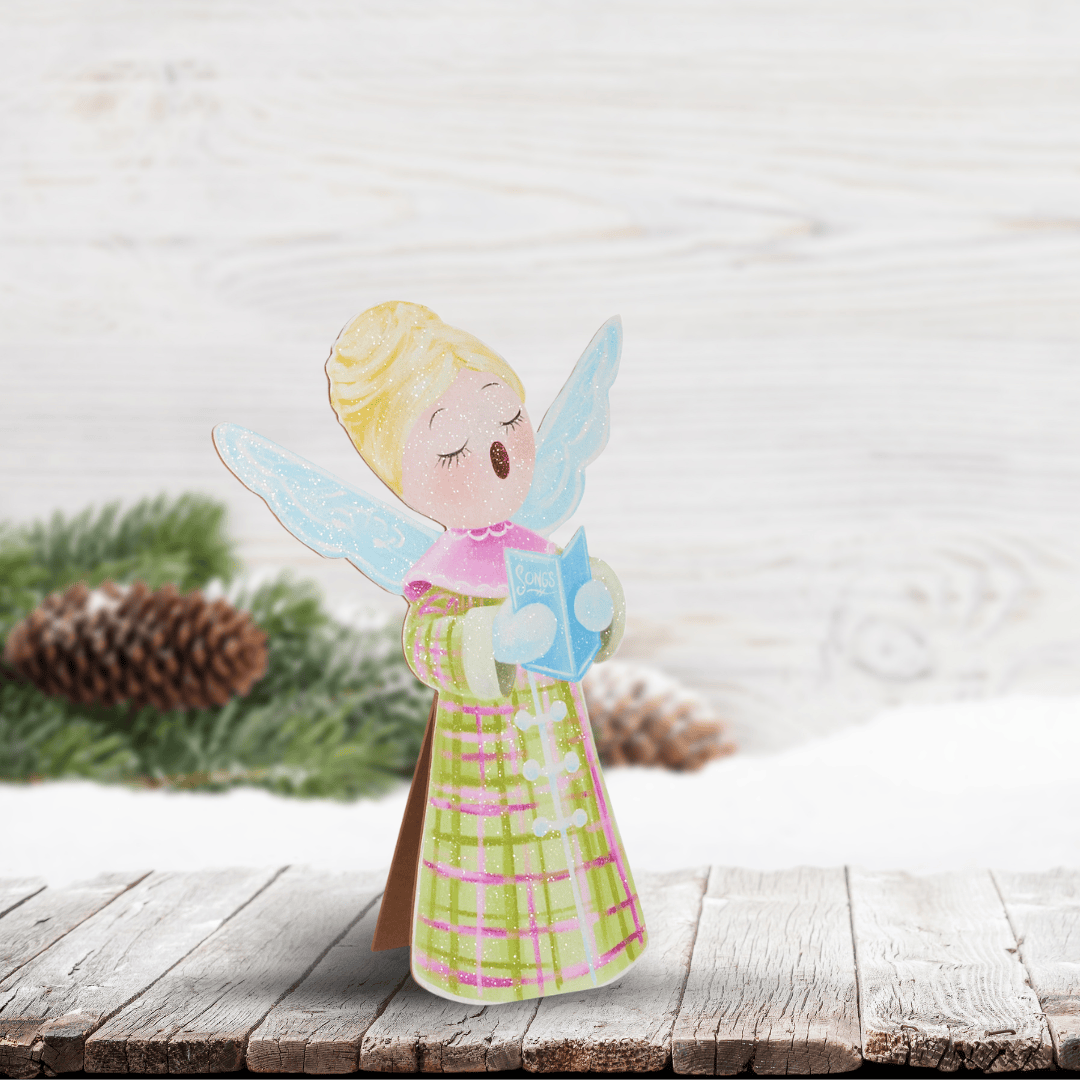 A standing wooden Christmas choir angel, pastel blue wings, Sister Dulce Gift Shop, Shepherds Staff, Religious Store, Cypress Springs Mercedarian Prayer Center, Catholic, christmas decor, new item