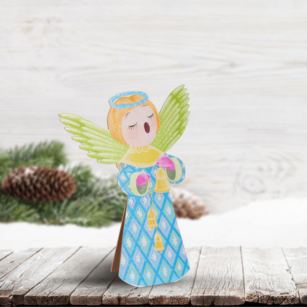 A standing wooden Christmas choir angel, pastel green wings, Sister Dulce Gift Shop, Shepherds Staff, Religious Store, Cypress Springs Mercedarian Prayer Center, Catholic, christmas decor, new item