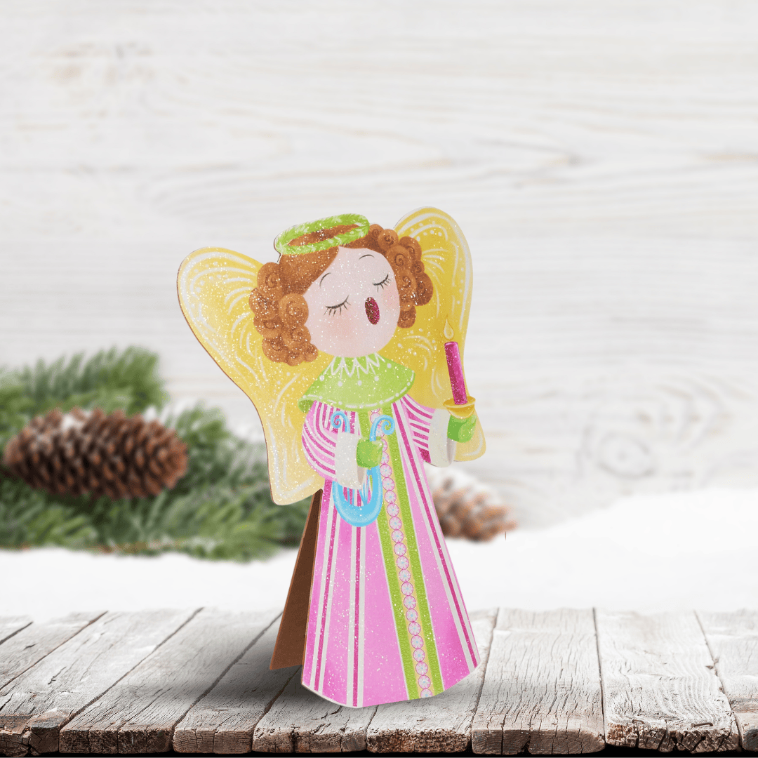 A standing wooden Christmas choir angel, pastel yellow wings, Sister Dulce Gift Shop, Shepherds Staff, Religious Store, Cypress Springs Mercedarian Prayer Center, Catholic, christmas decor, new item