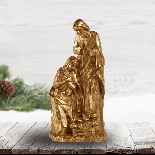gold-toned figurine depicting a nativity scene, Sister Dulce Gift Shop, Shepherds Staff, Religious Store, Cypress Springs Mercedarian Prayer Center, Catholic, christmas decor, home decor, new item, popular item
