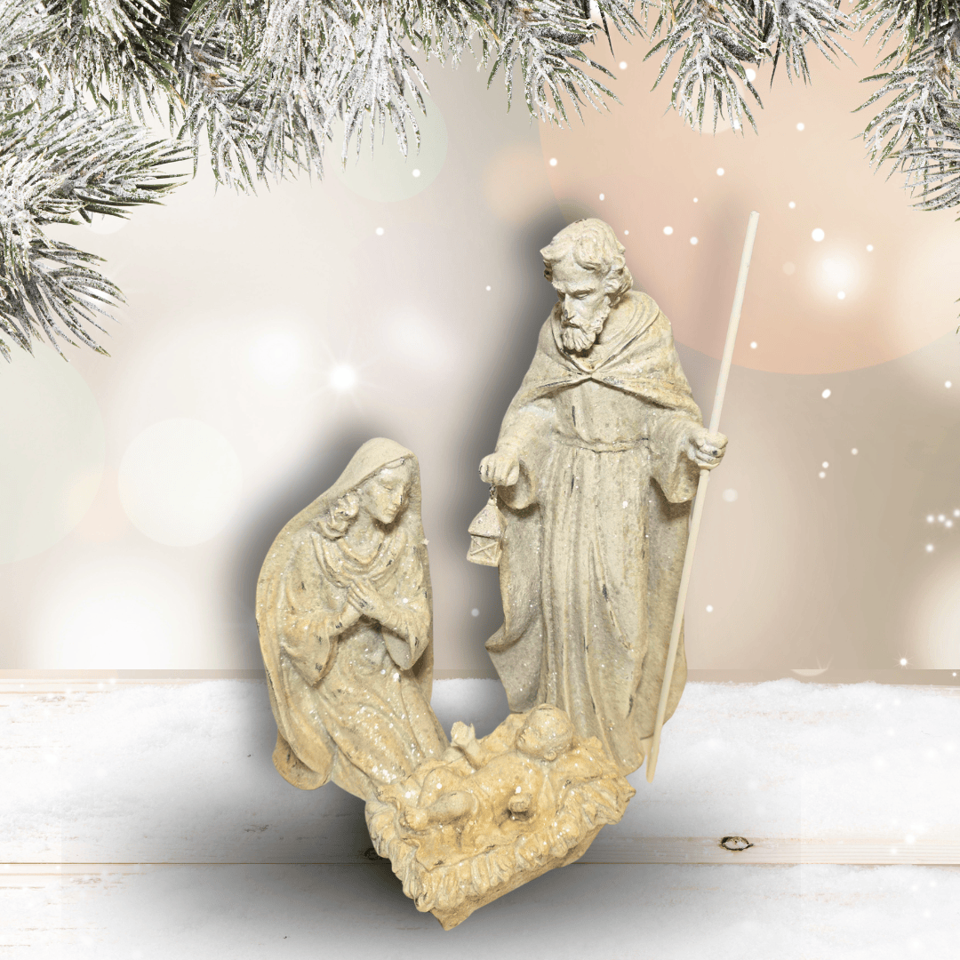 nativity scene figurine featuring Mary, Joseph, and baby Jesus, glitter,Sister Dulce Gift Shop, Shepherds Staff, Religious Store, Cypress Springs Mercedarian Prayer Center, Catholic, christmas decor, home decor, new item, popular item