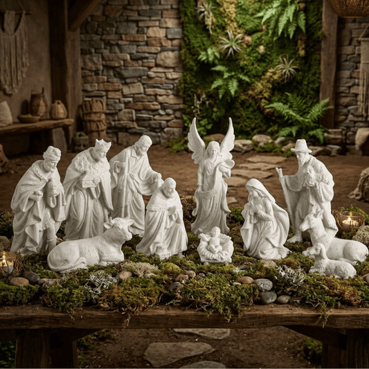 White Radiance Nativity Set 12 Pieces, Sister Dulce Gift Shop, Shepherds Staff, Religious Store, Cypress Springs Mercedarian Prayer Center, Catholic, christmas, decor