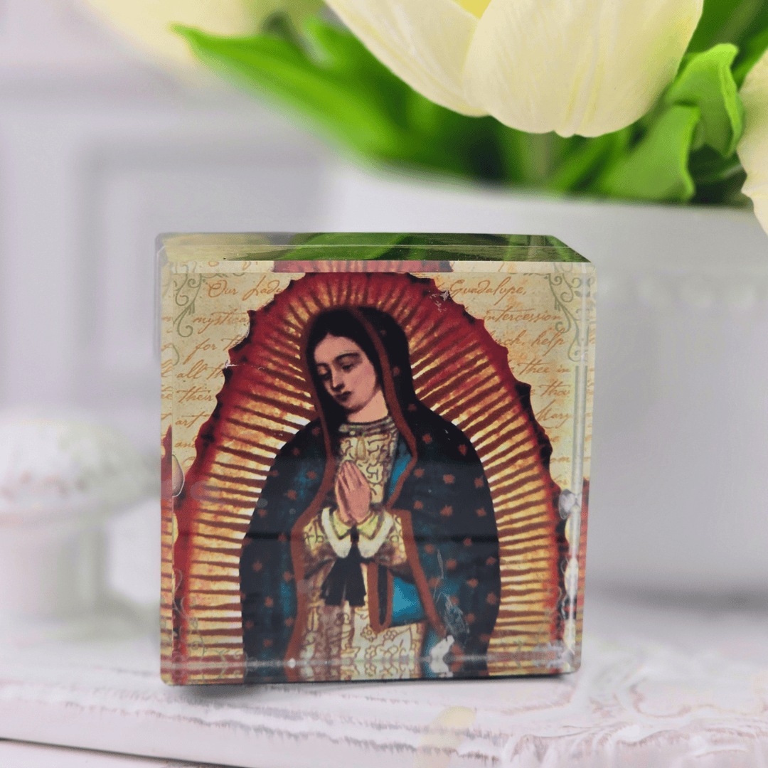 acrylic keepsake glass block, our lady of Guadalupe,  Sister Dulce Gift Shop, Shepherds Staff, Religious Store, Cypress Springs Mercedarian Prayer Center, Catholic, new item, home decor, office decor, paper weight