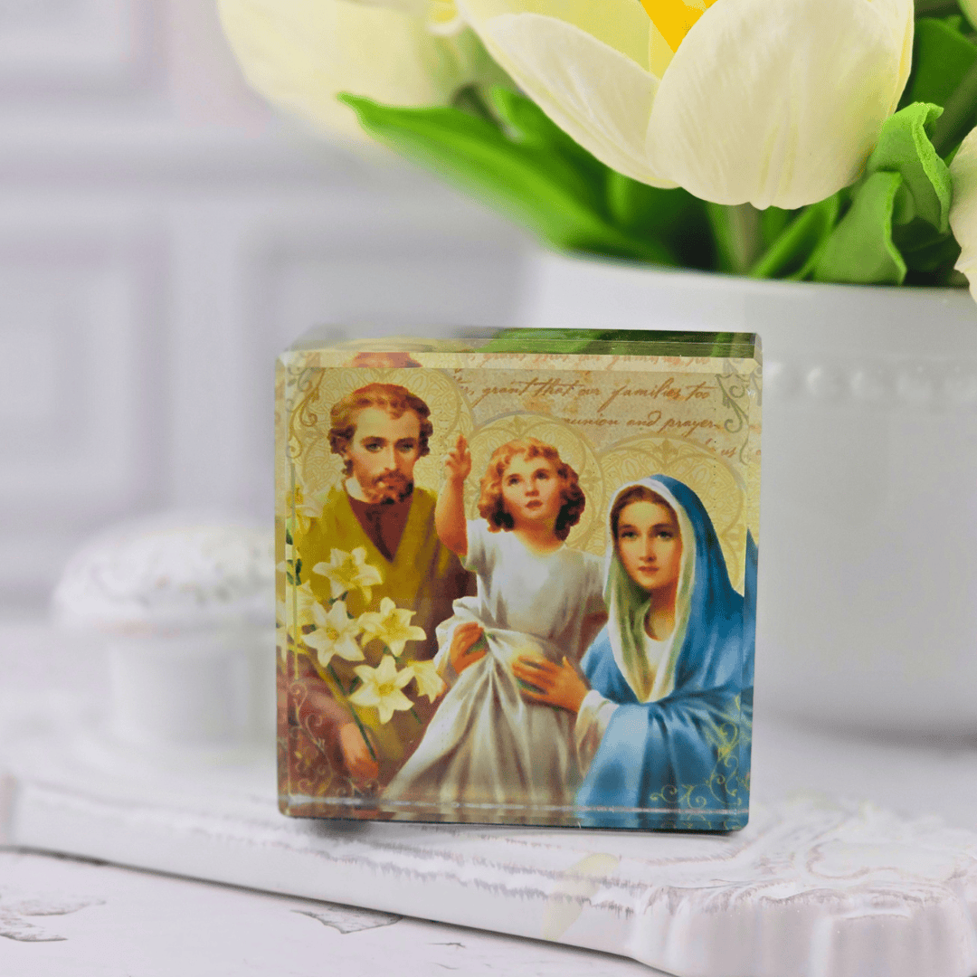 acrylic keepsake glass block, holy family, Sister Dulce Gift Shop, Shepherds Staff, Religious Store, Cypress Springs Mercedarian Prayer Center, Catholic, new item, home decor, office decor, paper weight
