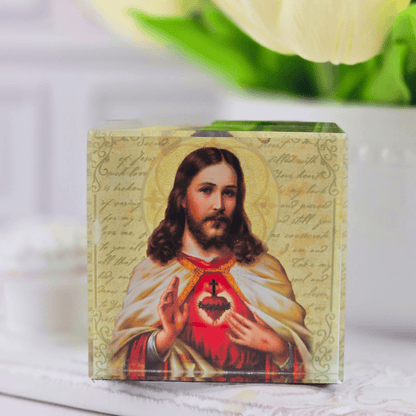 acrylic keepsake glass block, jesus, Sister Dulce Gift Shop, Shepherds Staff, Religious Store, Cypress Springs Mercedarian Prayer Center, Catholic, new item, home decor, office decor, paper weight