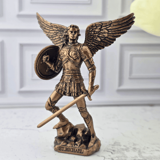 A bronze-finished figurine of Saint Michael the Archangel holding a shield and sword, Sister Dulce Gift Shop, Shepherds Staff, Religious Store, Cypress Springs Mercedarian Prayer Center, Catholic, popular item, new item, home decor