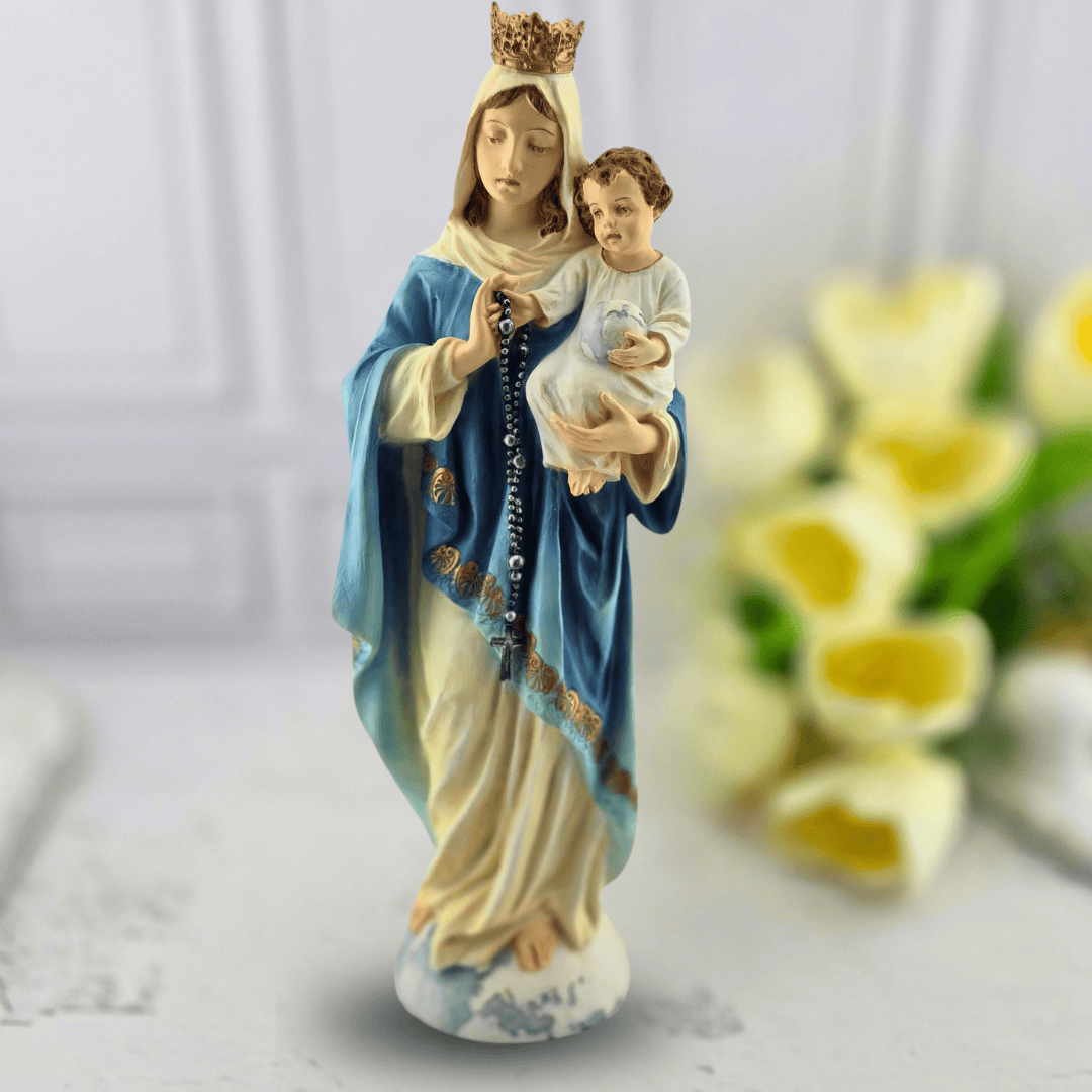 A religious figurine of the Virgin Mary holding the infant Jesus, our lady of the rosary, Sister Dulce Gift Shop, Shepherds Staff, Religious Store, Cypress Springs Mercedarian Prayer Center, Catholic, new item, home decor, prayer table, popular item