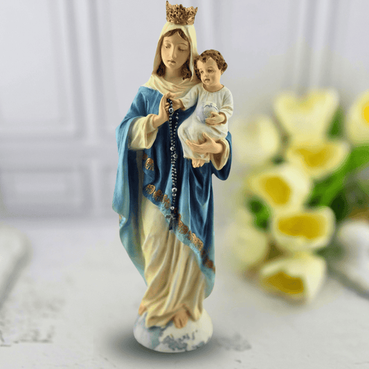 A religious figurine of the Virgin Mary holding the infant Jesus, our lady of the rosary, Sister Dulce Gift Shop, Shepherds Staff, Religious Store, Cypress Springs Mercedarian Prayer Center, Catholic, new item, home decor, prayer table, popular item