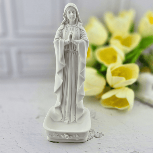 A white resin figurine of the Virgin Mary standing with hands in prayer, holy water font, Sister Dulce Gift Shop, Shepherds Staff, Religious Store, Cypress Springs Mercedarian Prayer Center, Catholic, new item, home decor 