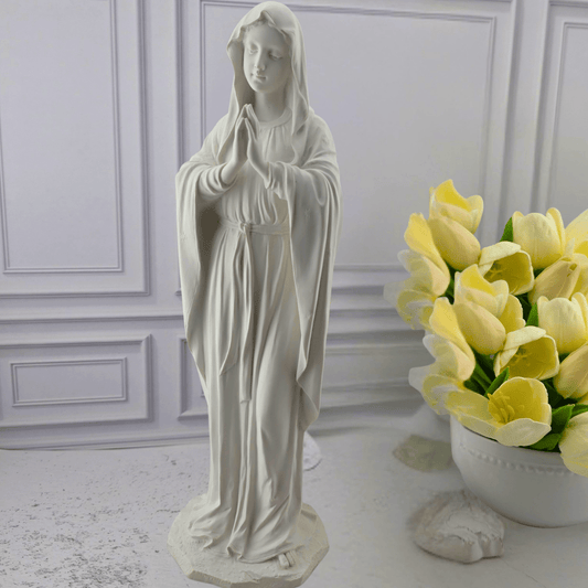 An off-white statue of the Virgin Mary in a prayer pose, Virgin Mary, Sister Dulce Gift Shop, Shepherds Staff, Religious Store, Cypress Springs Mercedarian Prayer Center, Catholic, new item, popular item