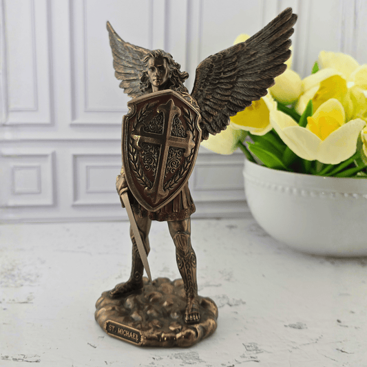 A bronze-finished Saint Michael angel statue holding a shield and sword, Sister Dulce Gift Shop, Shepherds Staff, Religious Store, Cypress Springs Mercedarian Prayer Center, Catholic, new item, popular item