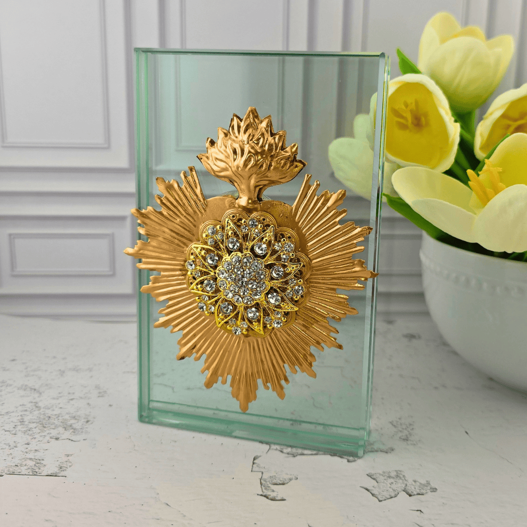 Sacred Heart Sunburst Medallion on Glass Block