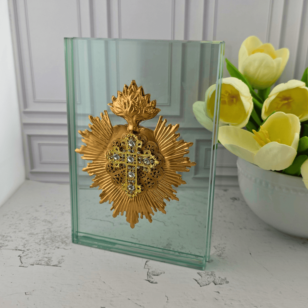 Sacred Heart Sunburst Medallion on Glass Block