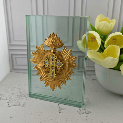 Sacred Heart Sunburst Medallion on Glass Block