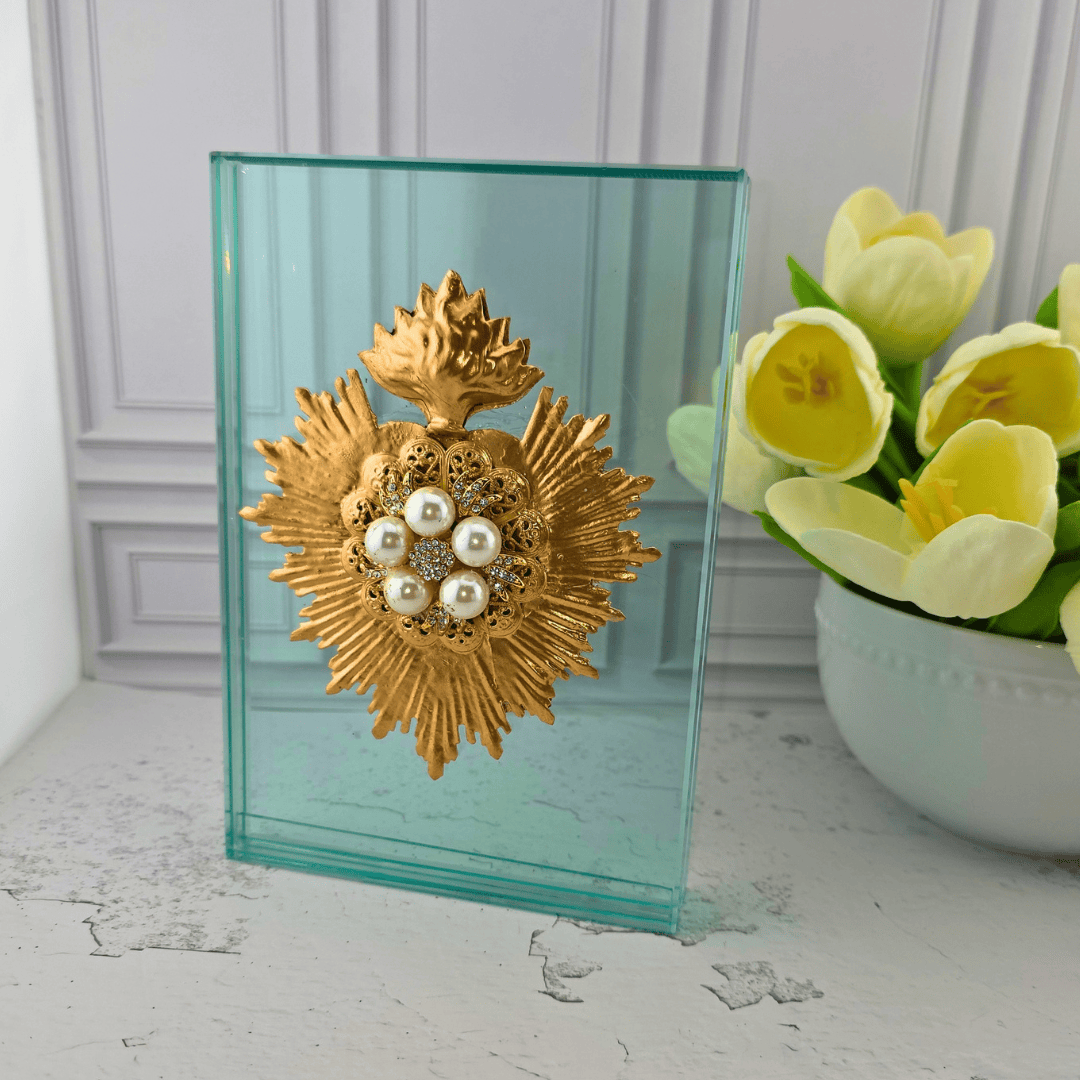 Sacred Heart Sunburst Medallion on Glass Block