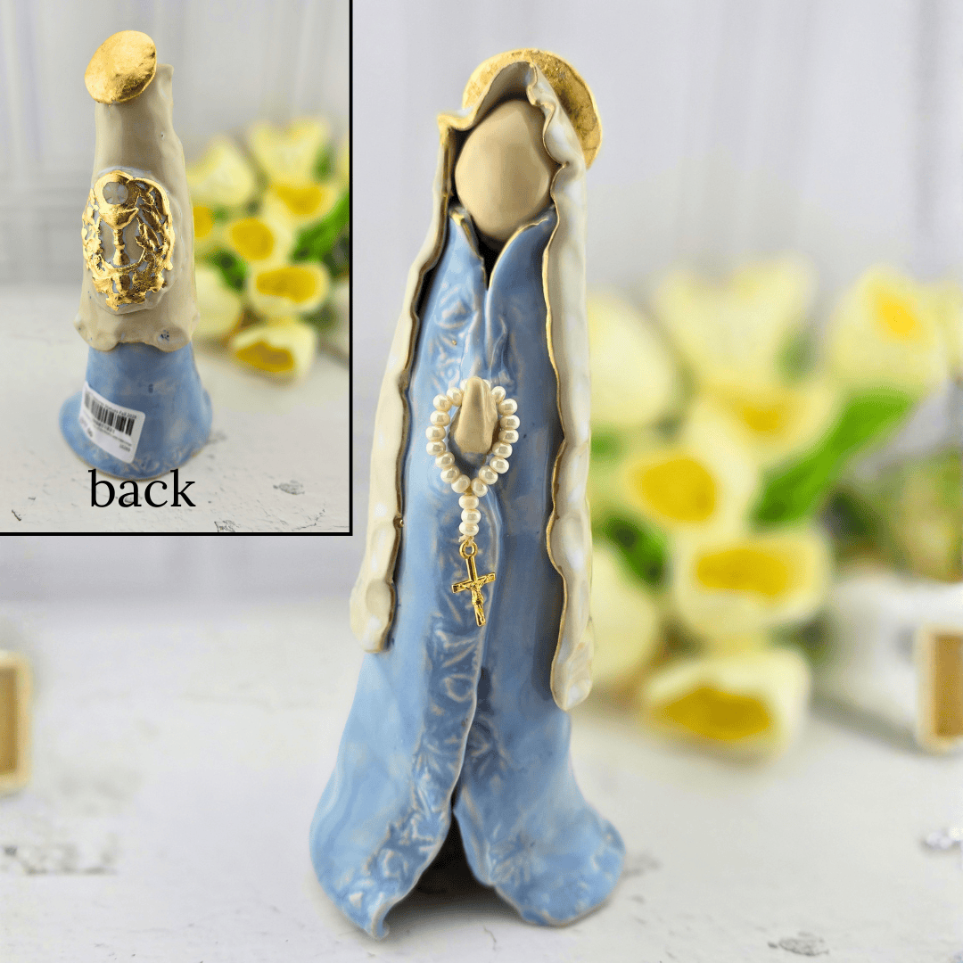 A ceramic figurine of the Virgin Mary holding a rosary, Sister Dulce Gift Shop, Shepherds Staff, Religious Store, Cypress Springs Mercedarian Prayer Center, Catholic, popular item, new item, sacred treasures, home decor