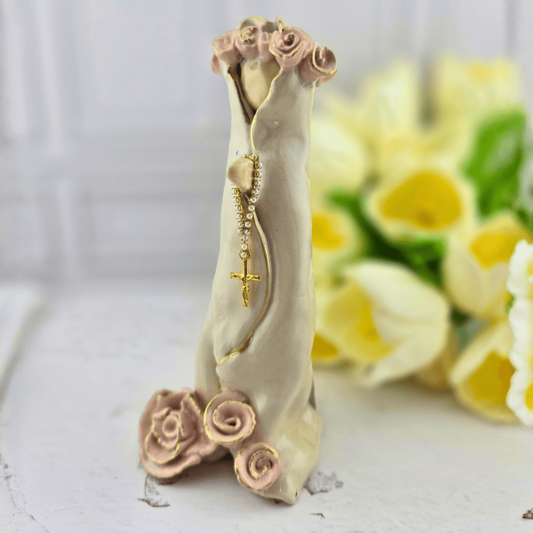 mary with pink roses statue, ceramic, handmade, Sister Dulce Gift Shop, Shepherds Staff, Religious Store, Cypress Springs Mercedarian Prayer Center, Catholic, new item, sacred treasures, popular item