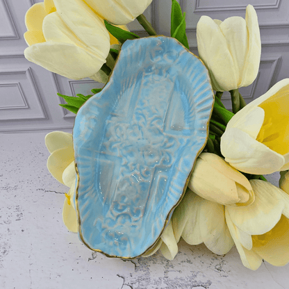 bright blue scroll cross, ceramic trinket dish, handmade, Sister Dulce Gift Shop, Shepherds Staff, Religious Store, Cypress Springs Mercedarian Prayer Center, Catholic, new item, popular item, trinket dish