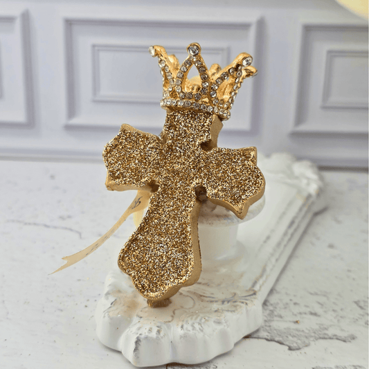 A gold glitter cross ornament topped with a jeweled crown, Sister Dulce Gift Shop, Shepherds Staff, Religious Store, Cypress Springs Mercedarian Prayer Center, Catholic, christmas ornament, home decor, new item, popular item