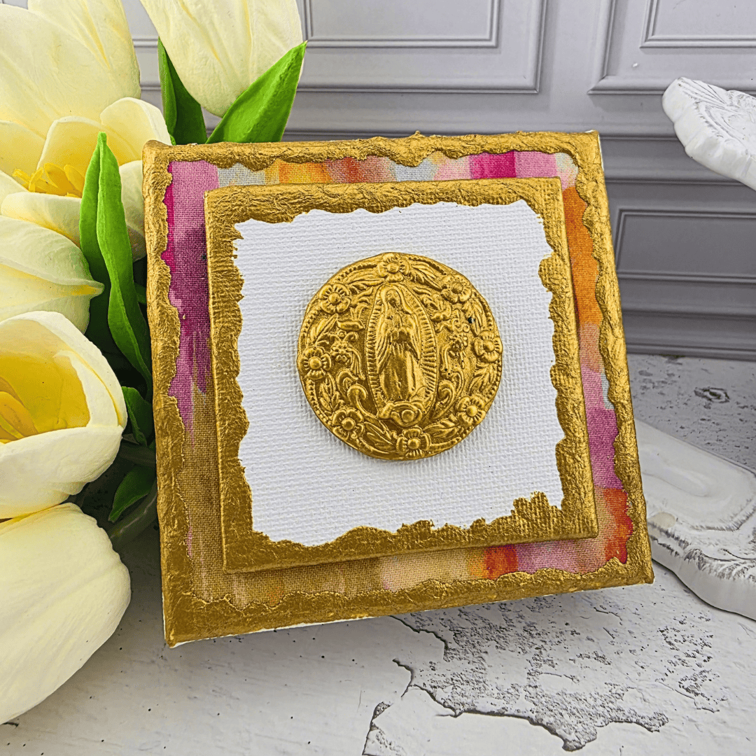 gold medal mini canvas art, our lady of guadalupe, Sister Dulce Gift Shop, Shepherds Staff, Religious Store, Cypress Springs Mercedarian Prayer Center, Catholic, new item, popular item, handmade, young adult, pink and orange, watercolor fabric
