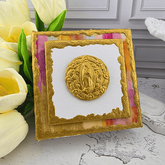 gold medal mini canvas art, our lady of guadalupe, Sister Dulce Gift Shop, Shepherds Staff, Religious Store, Cypress Springs Mercedarian Prayer Center, Catholic, new item, popular item, handmade, young adult, pink and orange, watercolor fabric