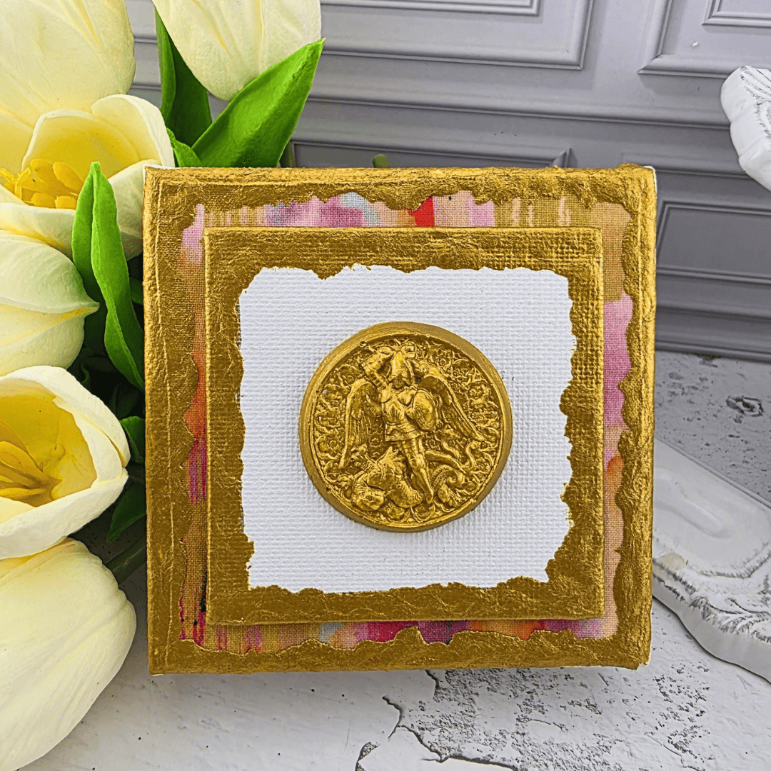 gold medal mini canvas art, st. michael the archangel, Sister Dulce Gift Shop, Shepherds Staff, Religious Store, Cypress Springs Mercedarian Prayer Center, Catholic, new item, for young adults, popular item, watercolor fabric, pink
