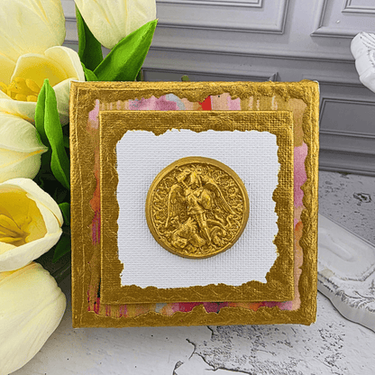 gold medal mini canvas art, st. michael the archangel, Sister Dulce Gift Shop, Shepherds Staff, Religious Store, Cypress Springs Mercedarian Prayer Center, Catholic, new item, for young adults, popular item, watercolor fabric, pink