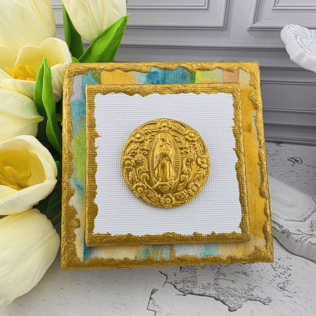 gold medal mini canvas art, our lady of guadalupe,Sister Dulce Gift Shop, Shepherds Staff, Religious Store, Cypress Springs Mercedarian Prayer Center, Catholic, for young adults, watercolor fabric, blue and green, new item, popular item