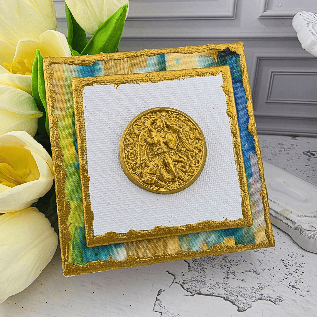 gold medal mini canvas art, saint michael the archangel, Sister Dulce Gift Shop, Shepherds Staff, Religious Store, Cypress Springs Mercedarian Prayer Center, Catholic, watercolor fabric, blue and green, young adult, popular item, new item