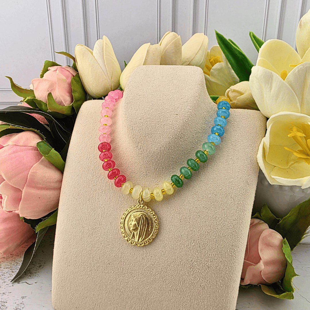 multicolored beaded necklace, mary profile, Sister Dulce Gift Shop, Shepherds Staff, Religious Store, Cypress Springs Mercedarian Prayer Center, Catholic, jewelry, parker madison, new item 