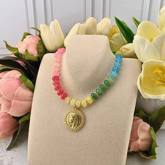 multicolored beaded necklace, mary profile, Sister Dulce Gift Shop, Shepherds Staff, Religious Store, Cypress Springs Mercedarian Prayer Center, Catholic, jewelry, parker madison, new item 