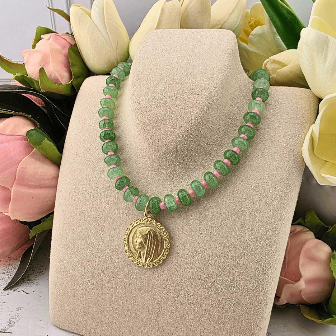 Sister Dulce Gift Shop, Shepherds Staff, Religious Store, Cypress Springs Mercedarian Prayer Center, Catholic, jade and pink beaded necklace, mary profile, parker madison, new item, trending item, popular item