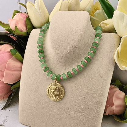 Sister Dulce Gift Shop, Shepherds Staff, Religious Store, Cypress Springs Mercedarian Prayer Center, Catholic, jade and pink beaded necklace, mary profile, parker madison, new item, trending item, popular item