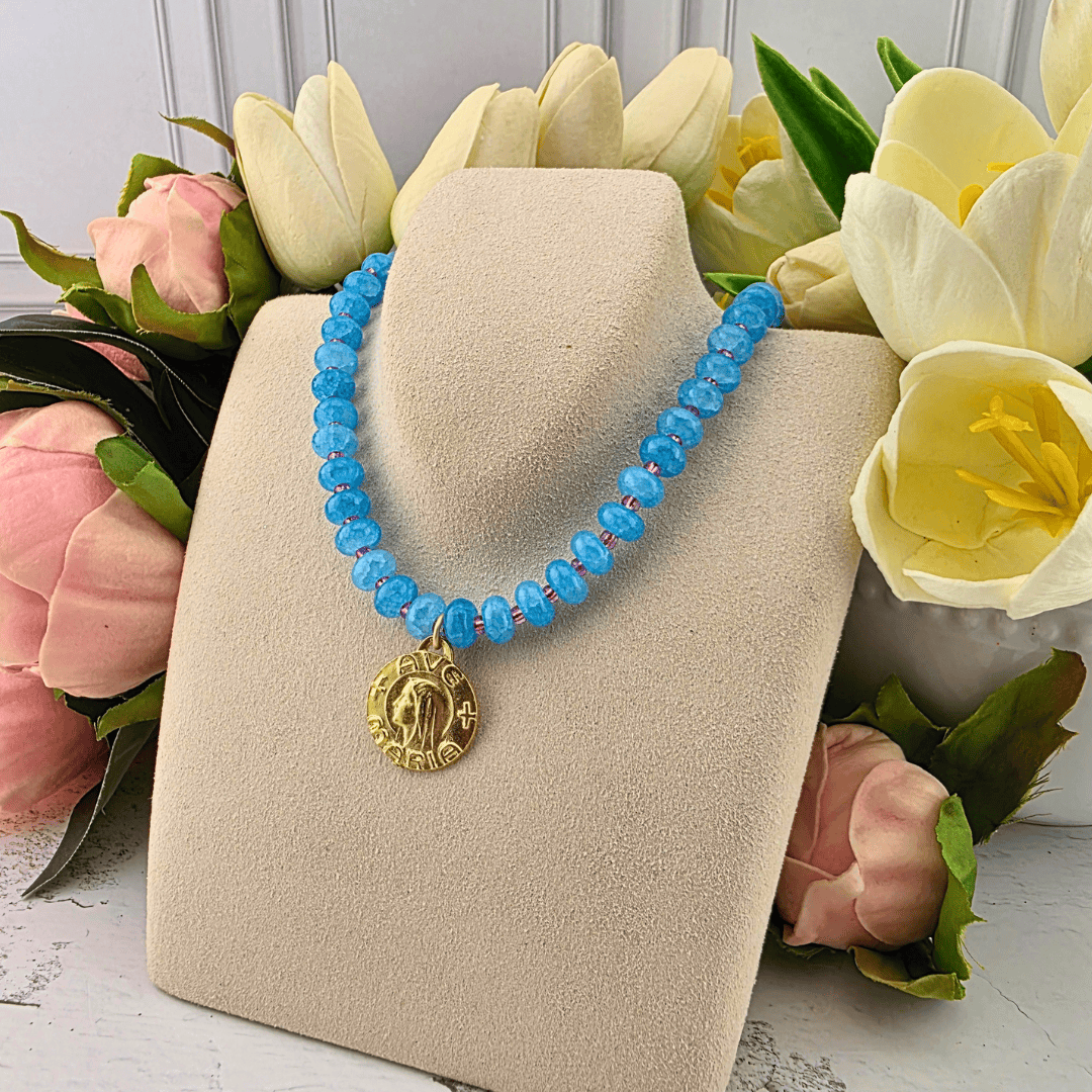 Sister Dulce Gift Shop, Shepherds Staff, Religious Store, Cypress Springs Mercedarian Prayer Center, Catholic, bright blue beaded necklace, ave maria, parker madison, jewelry, new item, trending
