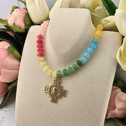 Sister Dulce Gift Shop, Shepherds Staff, Religious Store, Cypress Springs Mercedarian Prayer Center, Catholic, multicolored beaded necklace, cross medallion, new item, parker madison, trending item, popular item