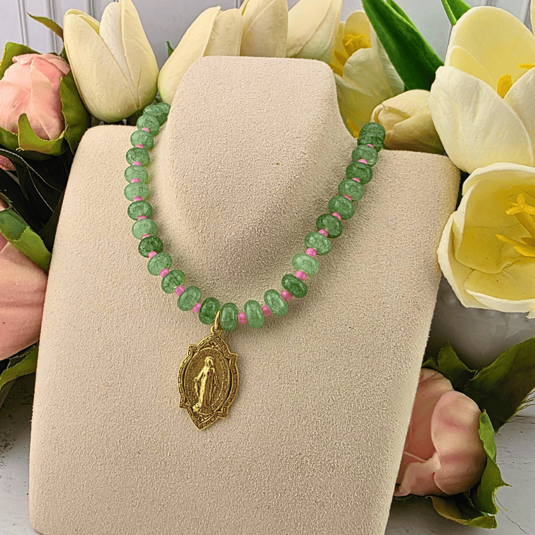 Sister Dulce Gift Shop, Shepherds Staff, Religious Store, Cypress Springs Mercedarian Prayer Center, Catholic, jade and pink beaded necklace, mary medal, new item, parker madison, trending item