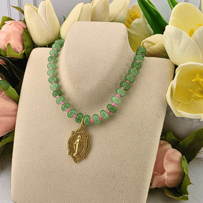 Sister Dulce Gift Shop, Shepherds Staff, Religious Store, Cypress Springs Mercedarian Prayer Center, Catholic, jade and pink beaded necklace, mary medal, new item, parker madison, trending item